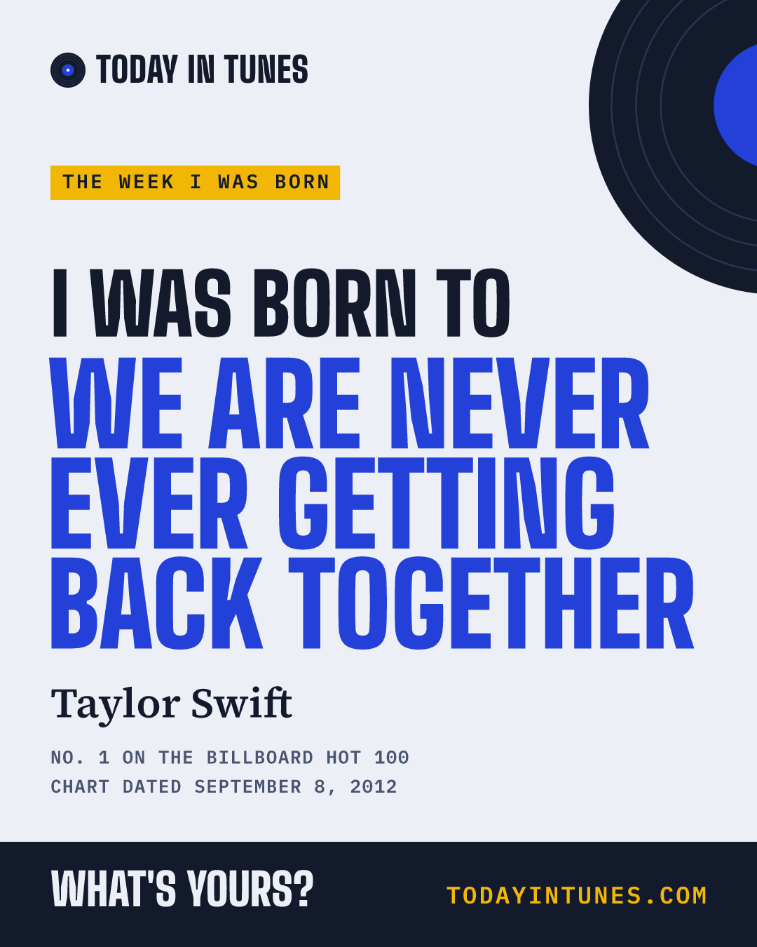 I was born to We Are Never Ever Getting Back Together, by Taylor Swift