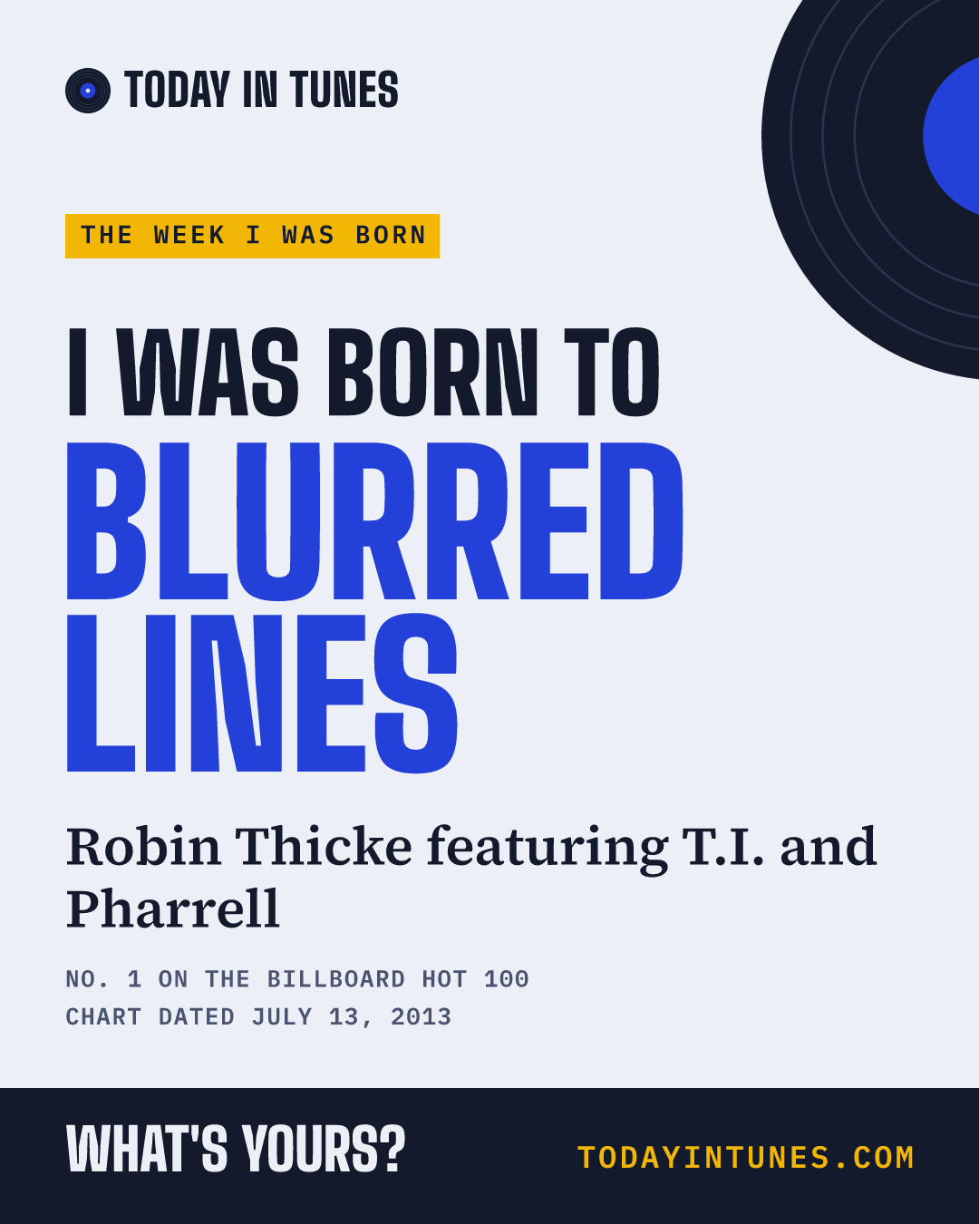I was born to Blurred Lines, by Robin Thicke featuring T.I. and Pharrell