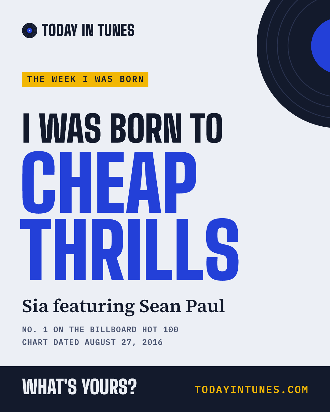 I was born to Cheap Thrills, by Sia featuring Sean Paul