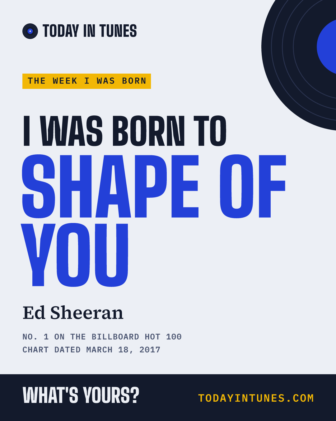 I was born to Shape of You, by Ed Sheeran