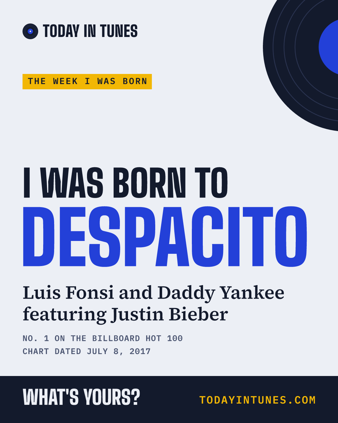 I was born to Despacito, by Luis Fonsi and Daddy Yankee featuring Justin Bieber