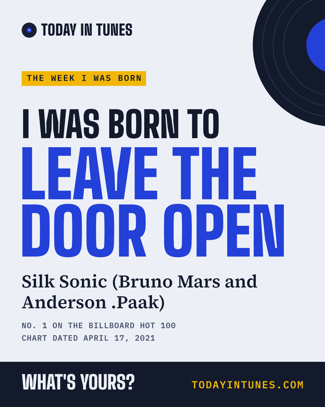 I was born to Leave the Door Open, by Silk Sonic (Bruno Mars and Anderson .Paak)
